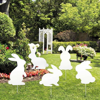 5 Pcs Metal Easter Yard Decorations Outdoor Easter Bunny Yard Signs with Stakes Cute Spring Rabbit Decorative Lawn Signs for Indoor Outdoor Garden Pathway Walkway Spring Holiday Party Decor