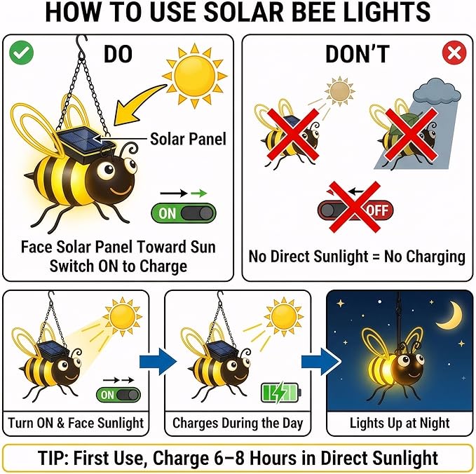 Solar Bee Lights Outdoor for Garden,– Hanging Metal Insect Lights with Hook, Waterproof Butterfly & Dragonfly Decorations for Garden, Yard, Patio, Holiday Gifts for Women & Kids (Golden-2PC)