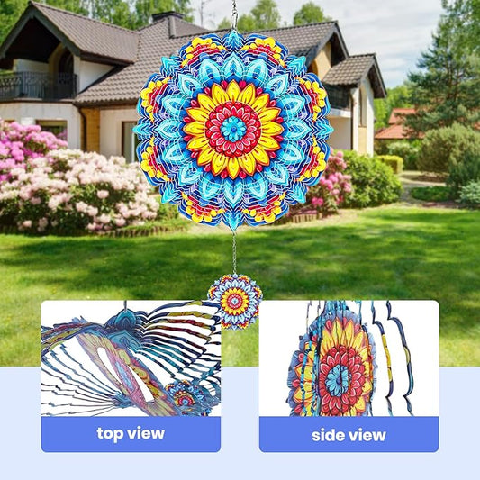 MXJSUA Mandala Flowers Wind Spinners for Indoor Outdoor Garden Decoration, 12 Inch Mandala Stainless Steel Hanging Wind Spinners Ornaments Crafts for Gifts