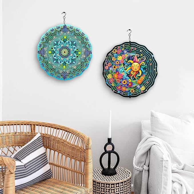 WIRESTER Hanging Wind Spinner 8 Inch, Metal 3D Wind Sculpture Ornament Decoration for Home Yard Garden Patio Balcony Indoor Outdoor - Teal Blue Green Mandala Vintage