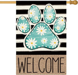 AVOIN colorlife Blue Paw Print Spring House Flag 28x40 Inch Double Sided Outside, Daisy Floral Welcome Stripes Yard Outdoor Flag