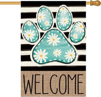 AVOIN colorlife Blue Paw Print Spring House Flag 28x40 Inch Double Sided Outside, Daisy Floral Welcome Stripes Yard Outdoor Flag