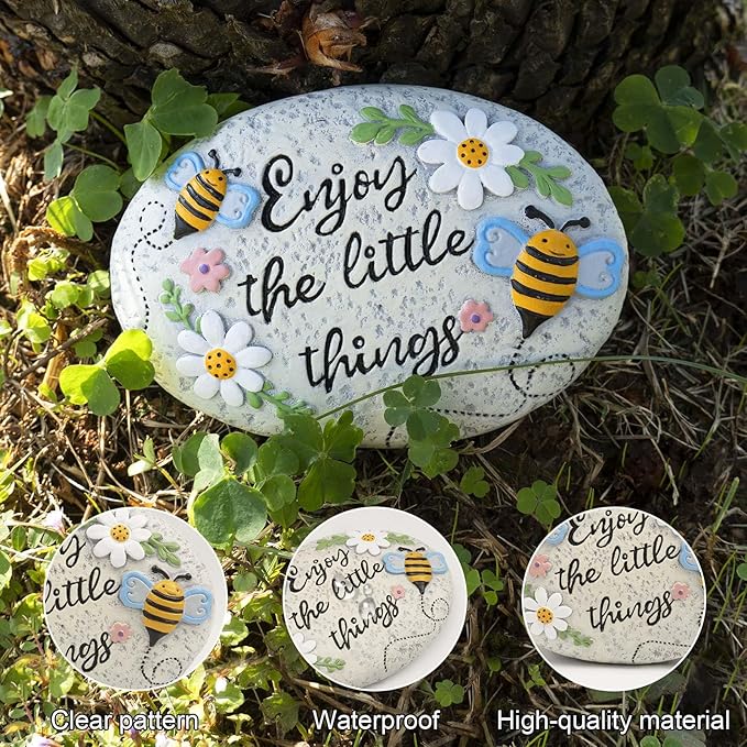 Spring Decorative Garden Stones Outdoor, 6x4.1In Enjoy The Little Things Bee Stone with White Flower, Concrete Stepping Stones for Walkway Pathway Yard Outside