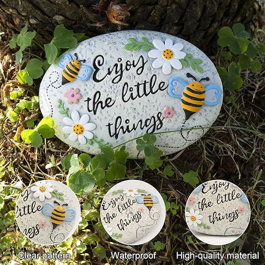 Spring Decorative Garden Stones Outdoor, 6x4.1In Enjoy The Little Things Bee Stone with White Flower, Concrete Stepping Stones for Walkway Pathway Yard Outside