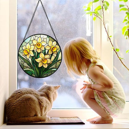 DASTOLL Stained Glass Window Hanging, Daffodil Plant Flowers Sun Catchers Diamond Glass Panel Hangings Suncatcher Decor for Birthday for Women, Men, Wife, Aunt, and Mom 6.3 in