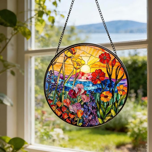 Stained Glass Sun Catcher,Wild FlowersStained Glass Window Hanging Garden Decor,Sun Catchers Indoor Window,Whimsical Decoration for Home Backyard Patio Lawn Porch with 7.9 INCH