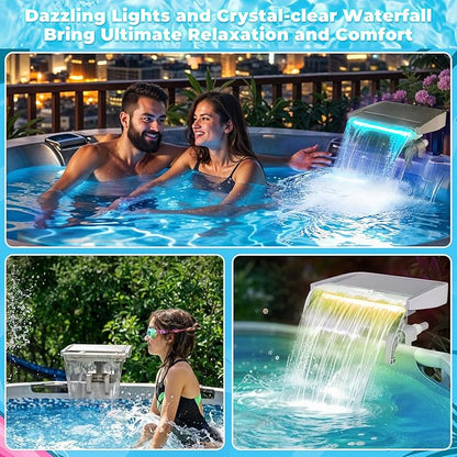 Hanaoyo LED Pool Fountain Waterfall for Above Ground Pools, 7 Different Lighting Colors, Smooth Flowing Pool Waterfall Relaxing Cascade for Outdoor Decor, Adjustable Width Fits Various Frames