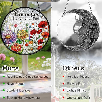 Gifts for Mom - Stained Glass Window Hanging Sun Catchers Indoor 6.3 Inch Colorful Wildflowers Mama Birthday Gift, Flower Suncatcher for Window Home Door Wall Garden Outdoor Decor for Mothers