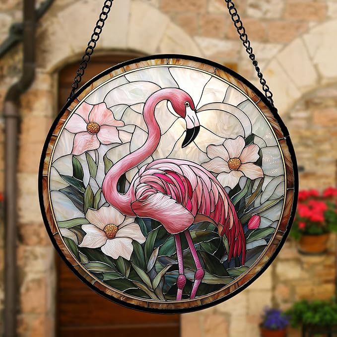 DASTOLL Stained Glass Window Hanging, Flamingo Flower Sun Catchers Diamond Glass Panel Hangings Pink Suncatcher Decor for Birthday for Women, Men, Wife, Aunt, and Mom 6.3 in