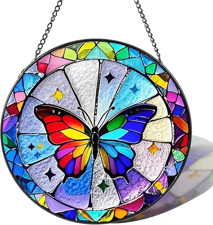 Butterfly Sun Catcher Stained Glass Window Hanging, 7.8" Suncatcher Glass Panel Window Decoration, Nature Lover Gift for Women, Wall Garden Art Decor, Gift for Birthday Christmas & Holidays