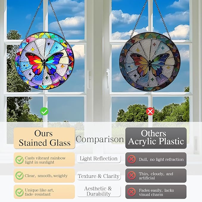 Butterfly Sun Catcher Stained Glass Window Hanging, 7.8" Suncatcher Glass Panel Window Decoration, Nature Lover Gift for Women, Wall Garden Art Decor, Gift for Birthday Christmas & Holidays