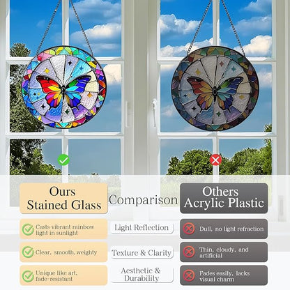 Butterfly Sun Catcher Stained Glass Window Hanging, 7.8" Suncatcher Glass Panel Window Decoration, Nature Lover Gift for Women, Wall Garden Art Decor, Gift for Birthday Christmas & Holidays