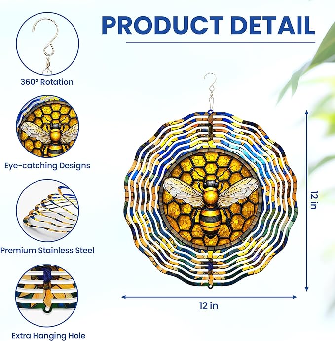 FLAGWIX Bee Wind Spinners Outdoor - 3D Stainless Steel Metal Wind Spinners 12 in - Bee Gifts Decorations for Home, House Outdoor Garden Decor for Outside, Garden Gifts for Women