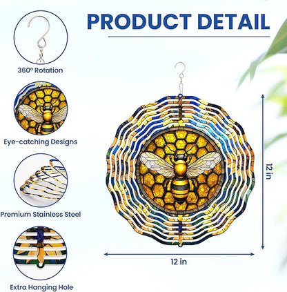 FLAGWIX Bee Wind Spinners Outdoor - 3D Stainless Steel Metal Wind Spinners 12 in - Bee Gifts Decorations for Home, House Outdoor Garden Decor for Outside, Garden Gifts for Women