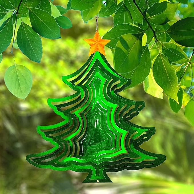 FONMY Wind Spinner 3D Stainless Steel Christmas Decoration Garden Decoration Indoor Outdoor Hanging Ornament Worth Gift 12inch Christmas Tree Metal Wind Spinners