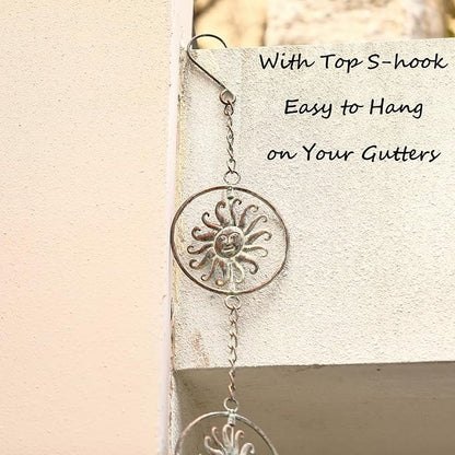 Sun Face Rain Chains, 8.5 Feet Length, Rain Gutter Chains, Functional and Decorative Replacement for Gutter Downspouts, Metal Loop Rain Catcher Chain, Rain Chains for Outside Garden Balcony Porch