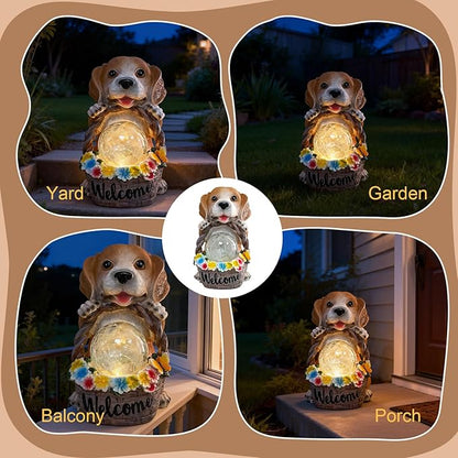 Solar Dog Garden Statues Decor with Flower Waterproof Figurine Resin Sculpture Gift for Mom Grandma, Outdoor Decorations for Porch Patio Lawn Yard Home House Gardening Birthday Housewarming (Dog)