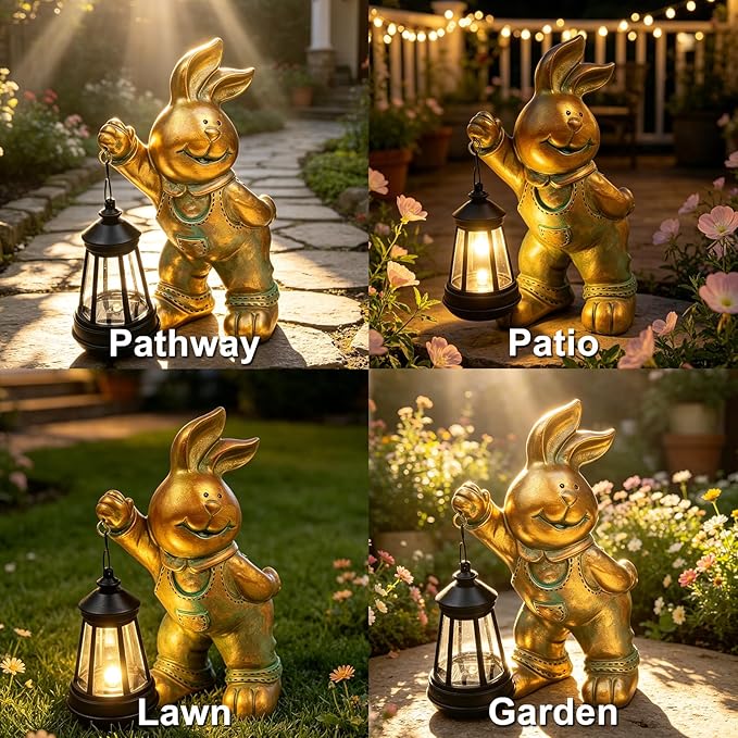 Outdoor Bunny Statue Solar Lantern for Garden Yard Lawn Patio Bronze Rabbit Figurine Decorations Housewarming for Mom Grandma Women