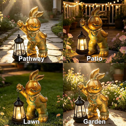 Outdoor Bunny Statue Solar Lantern for Garden Yard Lawn Patio Bronze Rabbit Figurine Decorations Housewarming for Mom Grandma Women