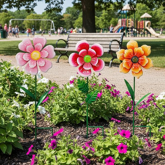 3pcs Flowers Yard Wind Spinners Outdoor Decoration Stakes Lawn Ornaments, Lawn Decorations Garden Stakes, Metal Outside Decorations for Metal Yard Art Flower Garden Decor, Spring Mom Gifts