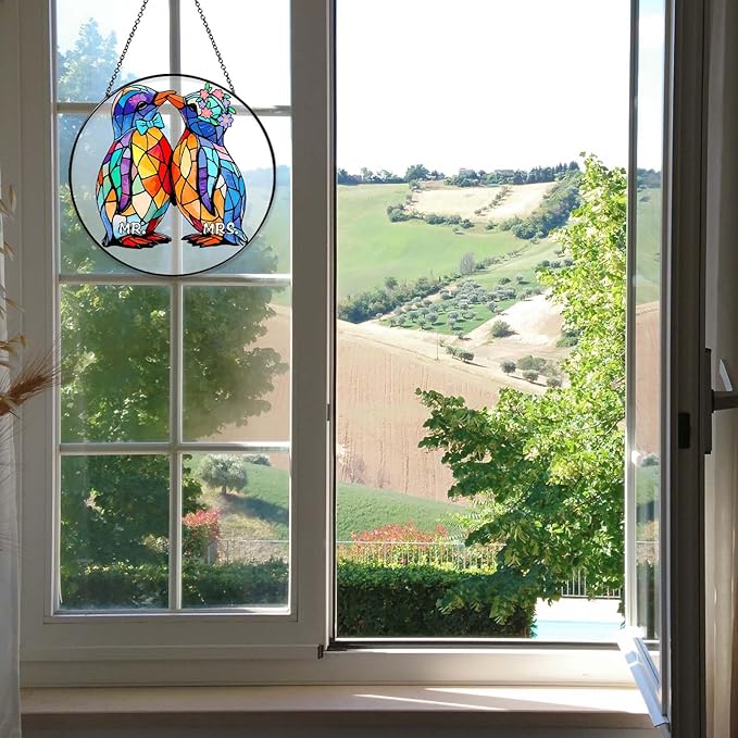 Wedding Gifts Sun Catcher Stained Glass Window Hanging Penguin Couple Wall Decor Handmade Ornament Light Catcher Mr & Mrs Couples Gift Bridal Shower Gift for Couple, 7.87inch