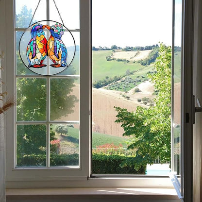 Wedding Gifts Sun Catcher Stained Glass Window Hanging Penguin Couple Wall Decor Handmade Ornament Light Catcher Mr & Mrs Couples Gift Bridal Shower Gift for Couple, 7.87inch