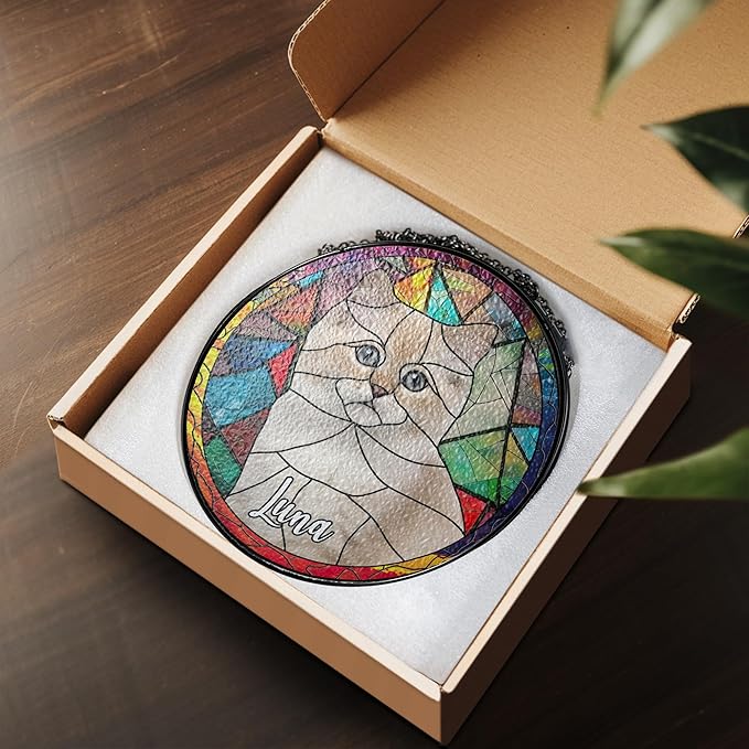 NAZENTI Personalized Cat Stained Glass Suncatcher, Memorial Keepsake Remembrance Gift for Fur Lovers, Custom Name Pet Photo Ornament Window Hanging, Home Decor, Sympathy Gift for Loss of Cat