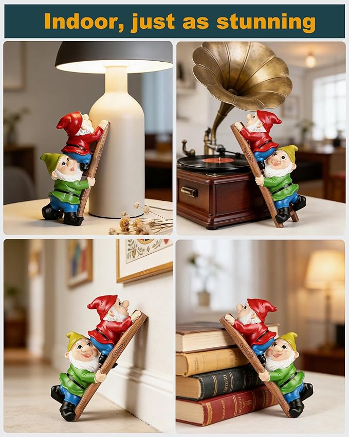 Climbing Garden Gnome with Ladder, Funny Outdoor Statue for Yard Decor Gift for Mom, Women