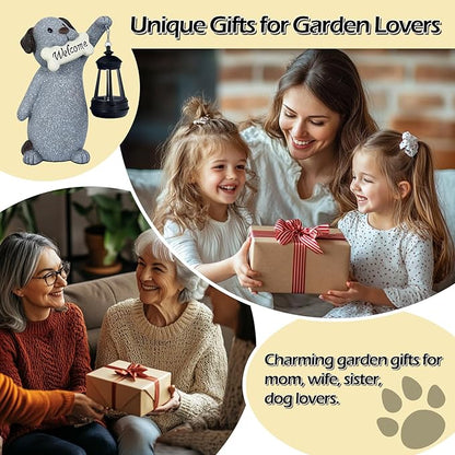 Dog Garden Statue with Solar Lantern, Cute Dog Figurine Light Decor with Welcome Sign for Outdoor Patio Balcony Yard Art, Warming Unique Resin Statue for Mom Grandma Women