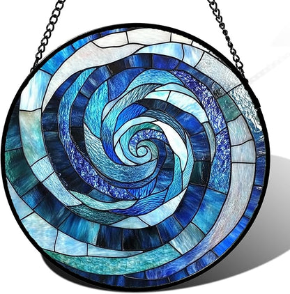 Stained Glass Window Hanging - Blue Abstract Swirl Suncatcher for Doors Garden Patio Unique Sun Catchers Decor Christmas Mother's Day Birthday Gifts for Women Men Mom Nana Friend 7.8 in