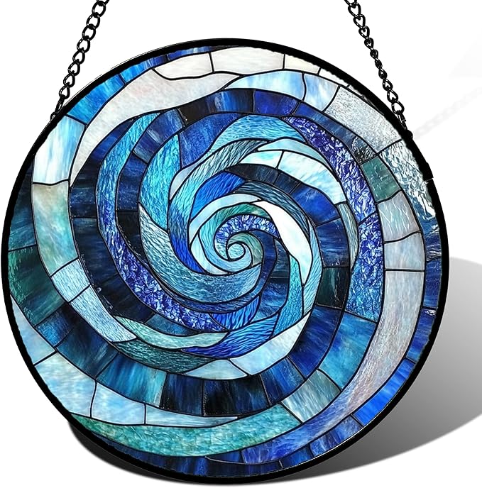 Stained Glass Window Hanging - Blue Abstract Swirl Suncatcher for Doors Garden Patio Unique Sun Catchers Decor Christmas Mother's Day Birthday Gifts for Women Men Mom Nana Friend 15 in