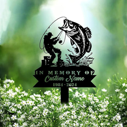 Custom Bass Fishing Metal Memorial Stake Personalized Fisherman Catching Fish Grave Marker Name Sign Fisher Remembrance Stake Decor,Memorial Statue Sign for Garden Outdoor Outside Yard Decor. Gift