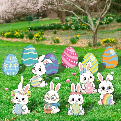 12-Piece Easter Bunny Yard Signs with Stakes Decorations – 6 Cute Rabbits & 6 Colorful Eggs 30 cm Large Outdoor Easter Lawn Signs for Garden, Driveway, Yard, and Spring Party Décor