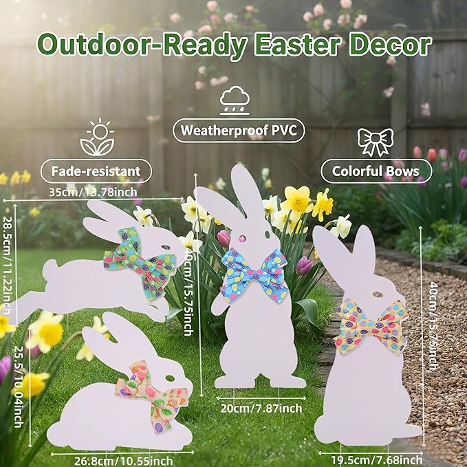 4PCS Easter Bunny Yard Decorations,Waterproof PVC Bunny Signs with Metal Stakes & Colorful Egg Bows for Outdoor Spring Garden and Lawn Decor