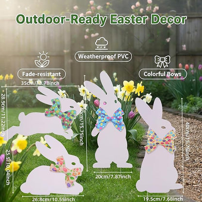 4PCS Easter Bunny Yard Decorations,Waterproof PVC Bunny Signs with Metal Stakes & Colorful Egg Bows for Outdoor Spring Garden and Lawn Decor