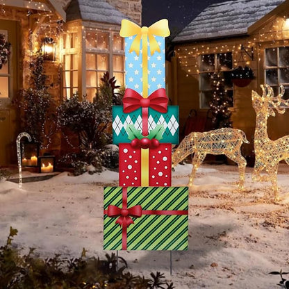 Afirst Christmas Yard Stakes Gift Box Christmas Yard Decorations Detachable 4 Stacked Gifts Boxes Metal Yard Stakes Outdoor Xmas Stake for Lawn Pathway Outdoor Decoration