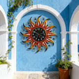 COOZZUHOUR 25 Inch Metal Sun Outdoor Shaped-Clock with Thermometer and Hygrometer Combo, Battery-Powered 10-inch Waterproof Dial and Silent Quartz Movement for Home Decorative Gifts(Orange)