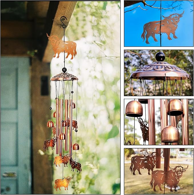 Highland Cow Wind Chimes for Outside Windchimes Outdoor/Indoor, Home, Lawn, Porch, Yard Decorations,Metal Garden Decor Highland Cow Wind Chimes Gifts for Women/Men Birthday Gifts Memorial Gift
