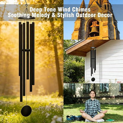 66" Extra Large Wind Chimes for Outside, Deep Soulful 6 Tube Aluminum Windchimes with Healing, Breezy Melodies, Rustproof Black Finish Heartfelt Gift for Mom's Patio Garden