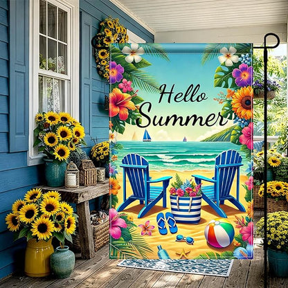 HOMETITUTE Hello Summer Garden Flag Beach Chair Sunset Sea 12x18 Inch Double Sided Welcome Small Seasonal Holiday Yard Outdoor Sign Outside Home House Beach Party Decorations