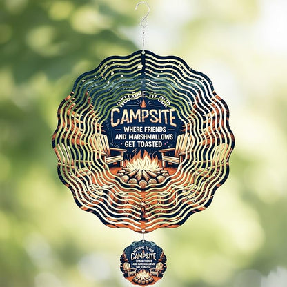 Metal Wind Spinners Outdoor - 3D Hanging Wind Spinner Camping Decor 12 Inch Kinetic Spinning Art Sculpture Welcome to Our Campsite Ornaments for Patio Lawn Garden Yard Gifts for Friends