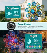 Solar Wind Spinners Outdoor, 63x13 Inch Double Layer Metal Wind Spinner with Crackle Glass Ball, Built-in Solar Panel, Peacock Feather Kinetic Yard Art with LED Light for Garden Decor
