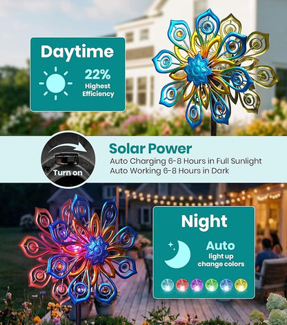 Solar Wind Spinners Outdoor, 63x13 Inch Double Layer Metal Wind Spinner with Crackle Glass Ball, Built-in Solar Panel, Peacock Feather Kinetic Yard Art with LED Light for Garden Decor