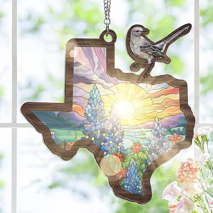 FLAGWIX Texas Suncatchers Decorations - Double Layered Window Suncatcher Hanging Ornament 8 in - Texas Western Gifts for Women Men, Mockingbird Sun Catchers Indoor Garden Decor, Gifts for Texans
