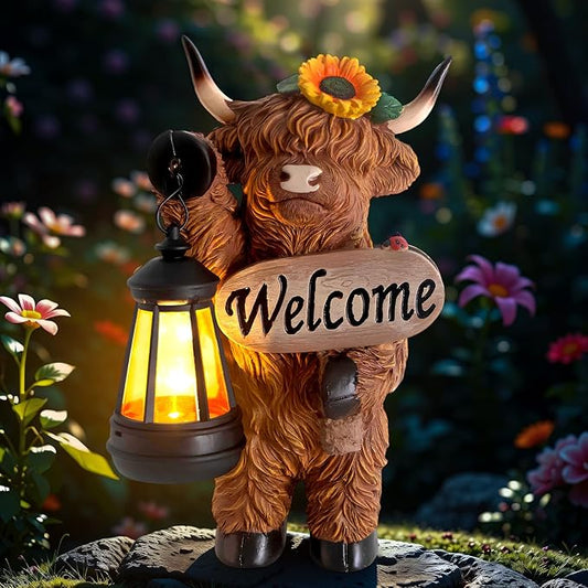 Garden Highland Cow Decor, Solar Outdoor Statue with Lantern Funny Highland Cow Figurine for Yard Garden Patio Lawn Ornaments - Unique Birthday Gifts for Mom, Women
