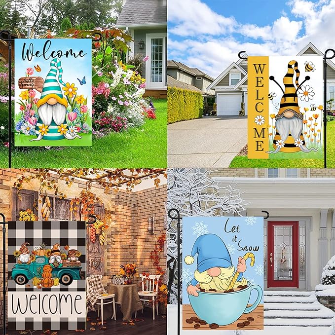 Set of 10 Gnome Seasonal Garden Flags,Double Sided 12 x 18 Inch Yard Flags, Small Garden Flags for Outside, Spring 4th of July Easter Seasonal Flags for Outdoor, Holiday Garden Flags for All Seasons