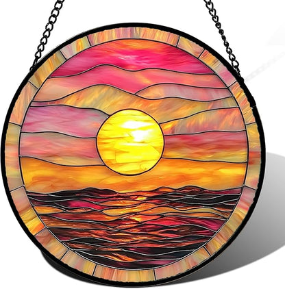 DASTOLL Stained Glass Window Hanging, Sunrise Sea Surface Sun Catchers Diamond Glass Panel Hangings Abstract Suncatcher Decor for Birthday for Women, Men, Wife, Aunt, and Mom 14.9 in