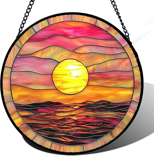 DASTOLL Stained Glass Window Hanging, Sunrise Sea Surface Sun Catchers Diamond Glass Panel Hangings Abstract Suncatcher Decor for Birthday for Women, Men, Wife, Aunt, and Mom 14.9 in
