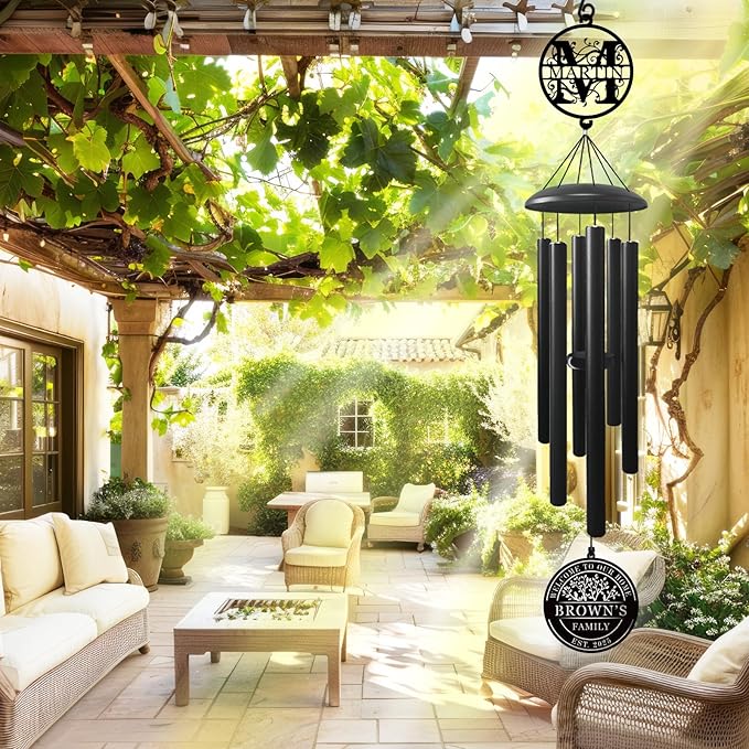 Best Housewarming Gifts 2025， Large Black Metal Wind Chime Outdoor Decor, Custom Family Name Welcome Sign, New Home Gift, Garden Patio Porch Decoration