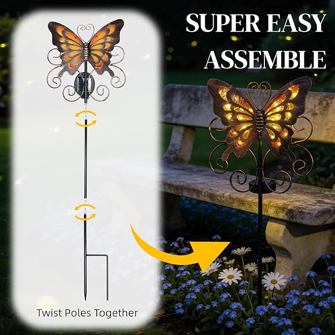 Butterfly Solar Lights for Outside, 36 inches Waterproof Metal Solar Pathway Lights, Large Solar Butterfly Lights Outdoor Garden Decor, Warm Amber LED Stake Lights Outdoor Yard